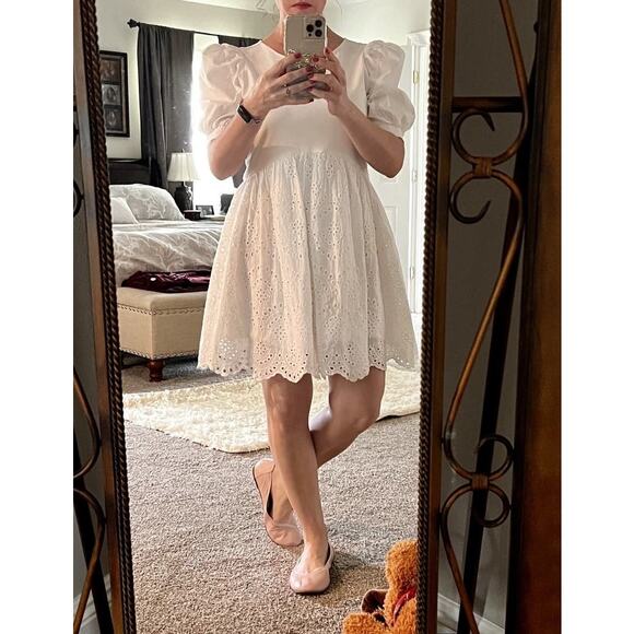 PETER SOM x RTR White 100% Cotton Puff Sleeves Eyelet Embroidered Dress Size 6 - Picture 9 of 9
